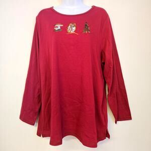 Quacker‎ Factory Maroon Long Sleeve Top Size 1X Embroidery Woodland Grandmacore